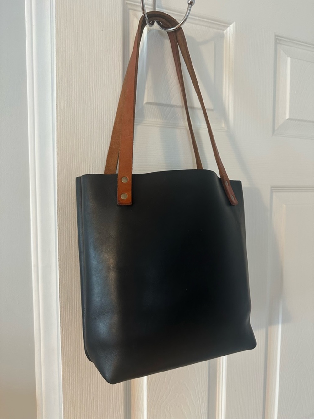 Portland Leather Black Top-Handle Shoulder Bag, Custom Brown Straps - Picture 5 of 8